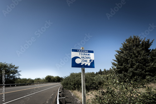 A tsunami warning sign along a coastal highway near the Oregon coast.