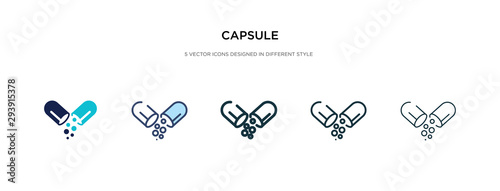 capsule icon in different style vector illustration. two colored and black capsule vector icons designed in filled, outline, line and stroke style can be used for web, mobile, ui photo
