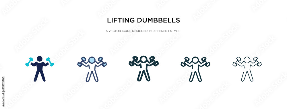 Plakat lifting dumbbells icon in different style vector illustration. two colored and black lifting dumbbells vector icons designed in filled, outline, line and stroke style can be used for web, mobile, ui