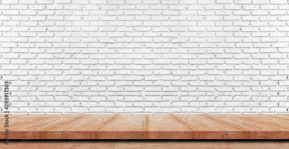 Empty wooden table top, counter or shelf on white brick wall background, For food display banner, backdrop. Empty wooden table top, counter or shelf on white brick wall background, For food display banner, backdrop.