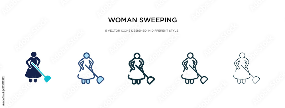 woman sweeping icon in different style vector illustration. two colored and black woman sweeping vector icons designed in filled, outline, line and stroke style can be used for web, mobile, ui