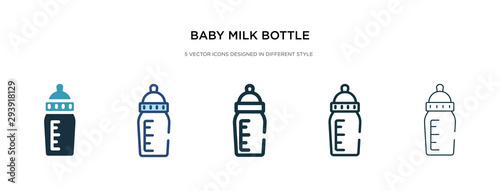 baby milk bottle icon in different style vector illustration. two colored and black baby milk bottle vector icons designed in filled  outline  line and stroke style can be used for web  mobile  ui