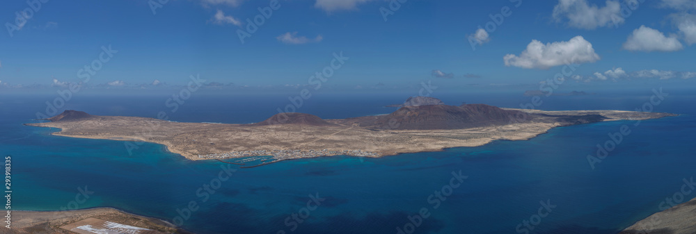 Scenery of Lanzarote - panoramic view of La Graciosa island view from Mirador del Rio. Canary islands