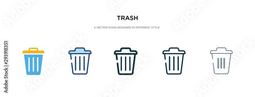 trash icon in different style vector illustration. two colored and black trash vector icons designed in filled, outline, line and stroke style can be used for web, mobile, ui