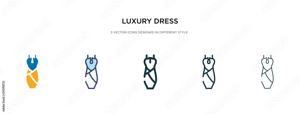 luxury dress icon in different style vector illustration. two colored and black luxury dress vector icons designed in filled, outline, line and stroke style can be used for web, mobile, ui luxury dress icon in different style vector illustration. two colored and black luxury dress vector icons designed in filled, outline, line and stroke style can be used for web, mobile, ui