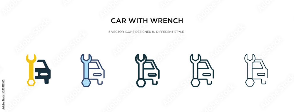 car with wrench icon in different style vector illustration. two colored and black car with wrench vector icons designed in filled, outline, line and stroke style can be used for web, mobile, ui car with wrench icon in different style vector illustration. two colored and black car with wrench vector icons designed in filled, outline, line and stroke style can be used for web, mobile, ui