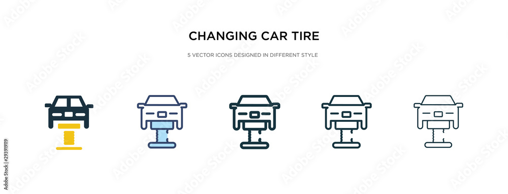 changing car tire icon in different style vector illustration. two colored and black changing car tire vector icons designed in filled, outline, line and stroke style can be used for web, mobile, ui