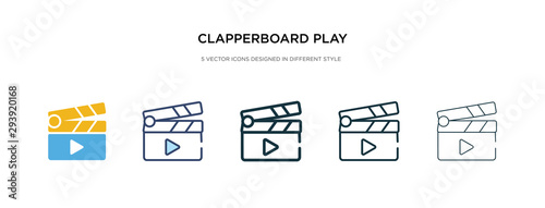 clapperboard play button icon in different style vector illustration. two colored and black clapperboard play button vector icons designed in filled, outline, line and stroke style can be used for