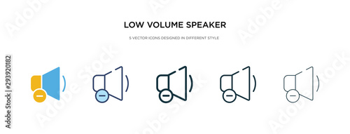 low volume speaker icon in different style vector illustration. two colored and black low volume speaker vector icons designed in filled, outline, line and stroke style can be used for web, mobile,
