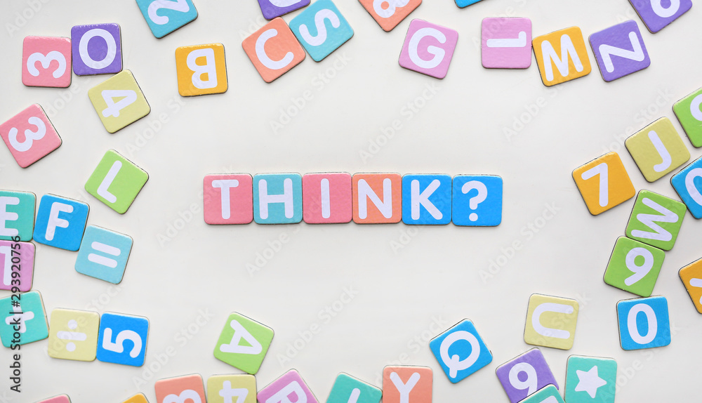 Multi-color Alphabet ABC letters and number and mathematics sign in square flat papers on white background with THINK at center.