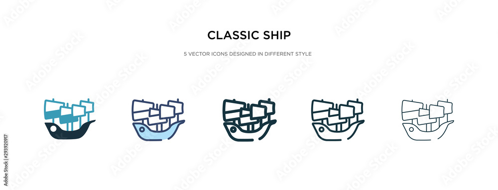 classic ship icon in different style vector illustration. two colored and black classic ship vector icons designed in filled, outline, line and stroke style can be used for web, mobile, ui classic ship icon in different style vector illustration. two colored and black classic ship vector icons designed in filled, outline, line and stroke style can be used for web, mobile, ui