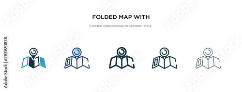 folded map with placeholder icon in different style vector illustration. two colored and black folded map with placeholder vector icons designed in filled, outline, line and stroke style can be used