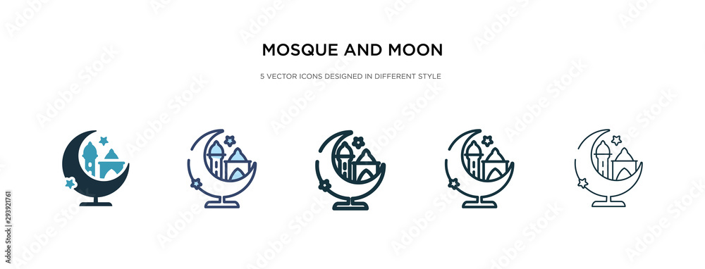 mosque and moon icon in different style vector illustration. two colored and black mosque and moon vector icons designed in filled, outline, line stroke style can be used for web, mobile, ui