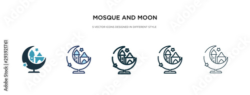 mosque and moon icon in different style vector illustration. two colored and black mosque and moon vector icons designed in filled, outline, line stroke style can be used for web, mobile, ui