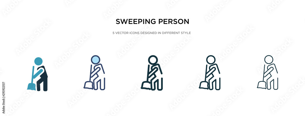 sweeping person icon in different style vector illustration. two colored and black sweeping person vector icons designed in filled, outline, line and stroke style can be used for web, mobile, ui sweeping person icon in different style vector illustration. two colored and black sweeping person vector icons designed in filled, outline, line and stroke style can be used for web, mobile, ui