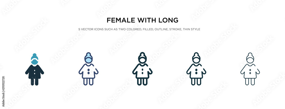 female with long hair icon in different style vector illustration. two colored and black female with long hair vector icons designed in filled, outline, line and stroke style can be used for web,