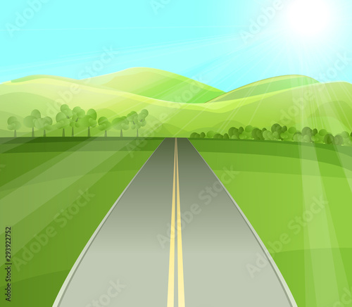 Road in green valley flat vector illustration. Summer landscape, empty highway with trees and bushes. Emerald hills, blue sky with bright sun rays. Countryside scenery with sunlit green fields