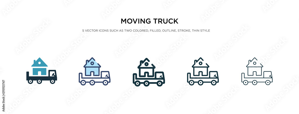 moving truck icon in different style vector illustration. two colored and black moving truck vector icons designed in filled, outline, line and stroke style can be used for web, mobile, ui