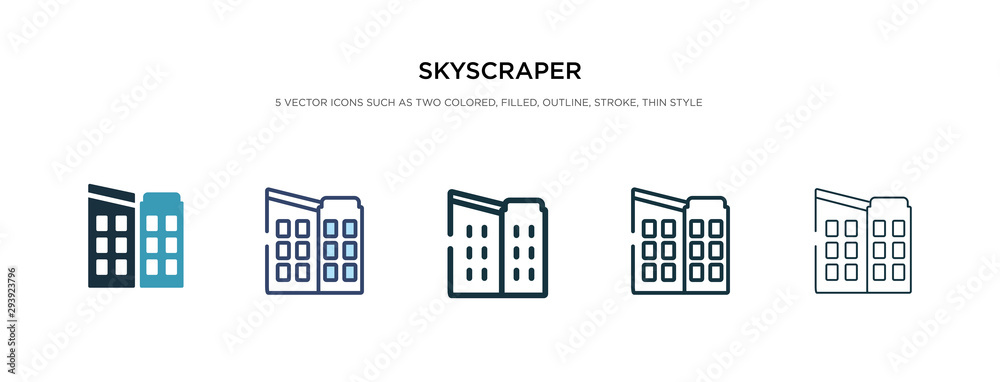 skyscraper icon in different style vector illustration. two colored and black skyscraper vector icons designed in filled, outline, line and stroke style can be used for web, mobile, ui skyscraper icon in different style vector illustration. two colored and black skyscraper vector icons designed in filled, outline, line and stroke style can be used for web, mobile, ui