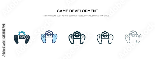 game development icon in different style vector illustration. two colored and black game development vector icons designed in filled, outline, line and stroke style can be used for web, mobile, ui