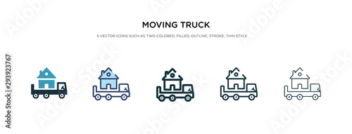 moving truck icon in different style vector illustration. two colored and black moving truck vector icons designed in filled, outline, line and stroke style can be used for web, mobile, ui