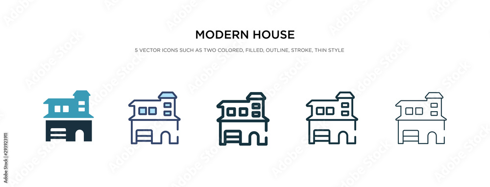 modern house icon in different style vector illustration. two colored and black modern house vector icons designed in filled, outline, line and stroke style can be used for web, mobile, ui