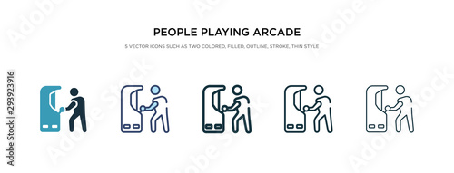 people playing arcade game icon in different style vector illustration. two colored and black people playing arcade game vector icons designed in filled  outline  line and stroke style can be used
