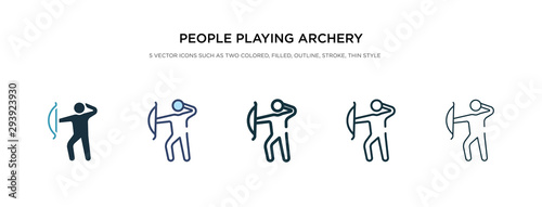 people playing archery icon in different style vector illustration. two colored and black people playing archery vector icons designed in filled, outline, line and stroke style can be used for web,
