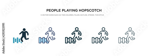 people playing hopscotch icon in different style vector illustration. two colored and black people playing hopscotch vector icons designed in filled, outline, line and stroke style can be used for