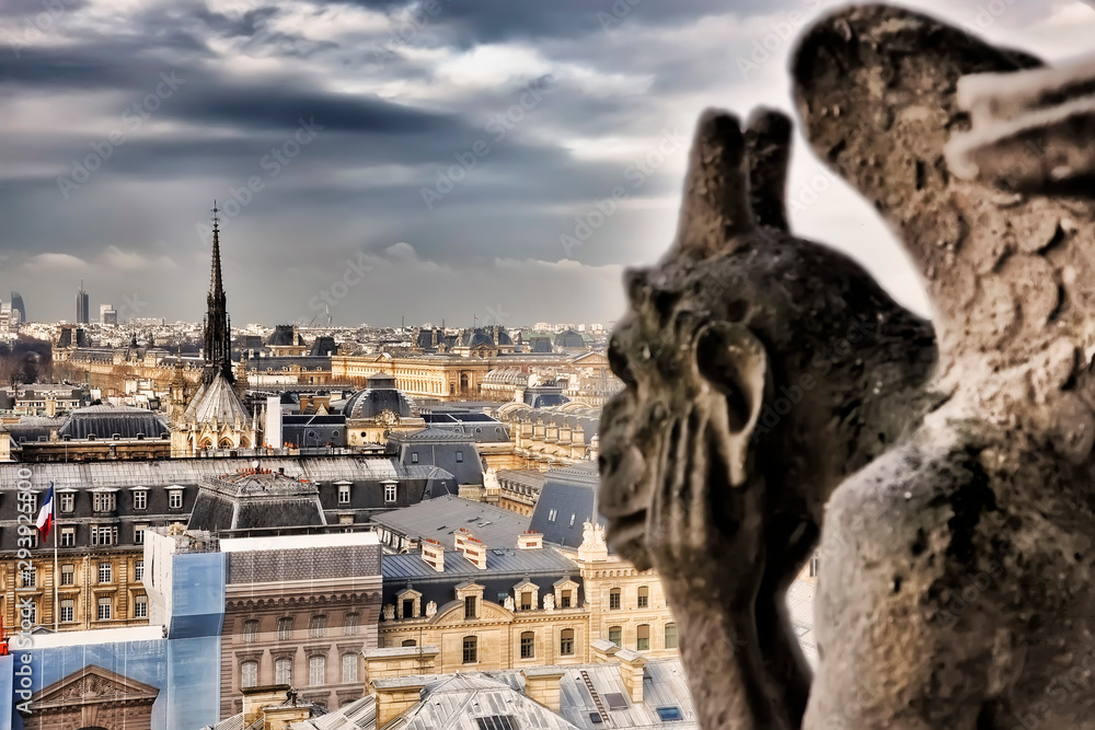 gárgola de Notre Dame mirando la ciudad de París