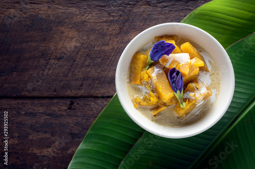 Pumpkins in coconut milk, a nice warm dessert. Pumpkin in coconut milk belongs to a class of dessert.,  Thai Name Pumpkin in sweet coconut milk., (Buak Phak Tong).,Thai poppula dessert photo