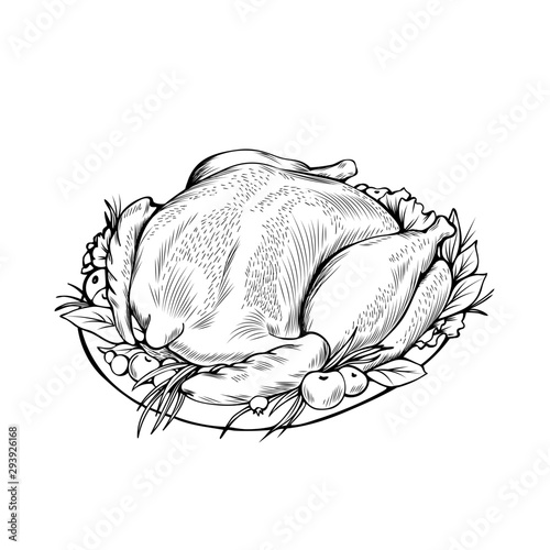 Cooked chicken hand drawn vector illustration. Autumn season holiday, thanksgiving day, festive dinner thin line symbol. Baked turkey with garnish monochrome drawing. Traditional homemade dish