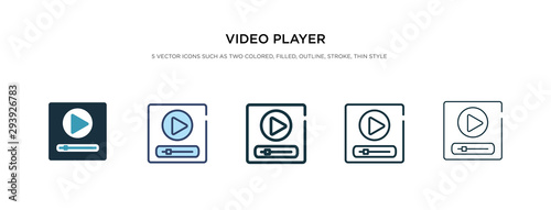 video player icon in different style vector illustration. two colored and black video player vector icons designed in filled, outline, line and stroke style can be used for web, mobile, ui