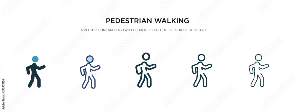 pedestrian walking icon in different style vector illustration. two colored and black pedestrian walking vector icons designed in filled, outline, line and stroke style can be used for web, mobile,