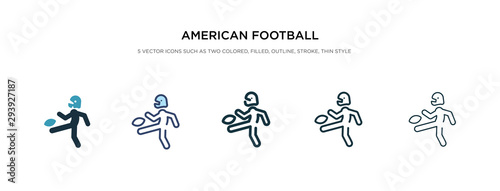 american football player kicking the ball icon in different style vector illustration. two colored and black american football player kicking the ball vector icons designed in filled  outline  line