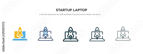 startup laptop icon in different style vector illustration. two colored and black startup laptop vector icons designed in filled, outline, line and stroke style can be used for web, mobile, ui