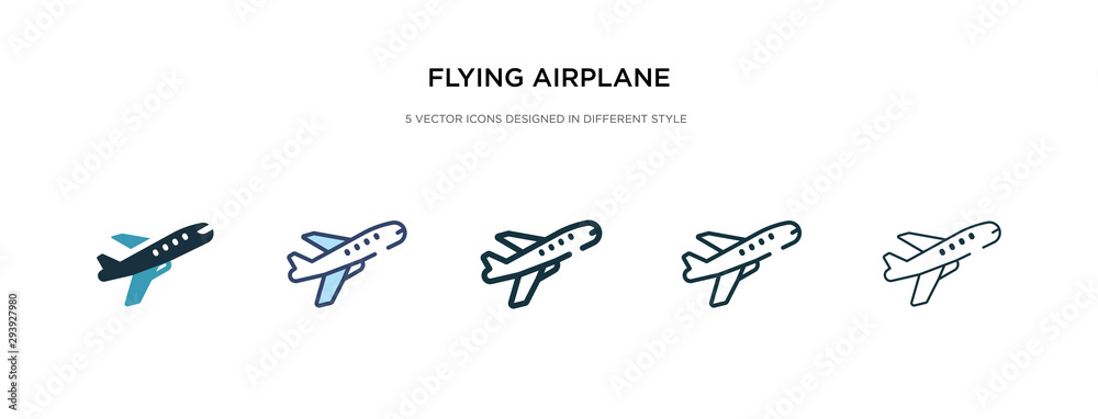 flying airplane icon in different style vector illustration. two colored and black flying airplane vector icons designed in filled, outline, line and stroke style can be used for web, mobile, ui flying airplane icon in different style vector illustration. two colored and black flying airplane vector icons designed in filled, outline, line and stroke style can be used for web, mobile, ui