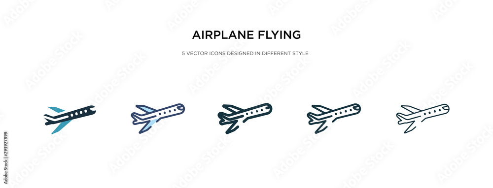 airplane flying icon in different style vector illustration. two colored and black airplane flying vector icons designed in filled, outline, line and stroke style can be used for web, mobile, ui