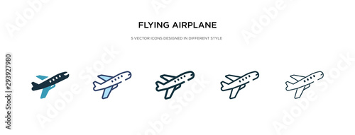 flying airplane icon in different style vector illustration. two colored and black flying airplane vector icons designed in filled, outline, line and stroke style can be used for web, mobile, ui