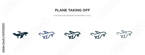 plane taking off icon in different style vector illustration. two colored and black plane taking off vector icons designed in filled  outline  line and stroke style can be used for web  mobile  ui