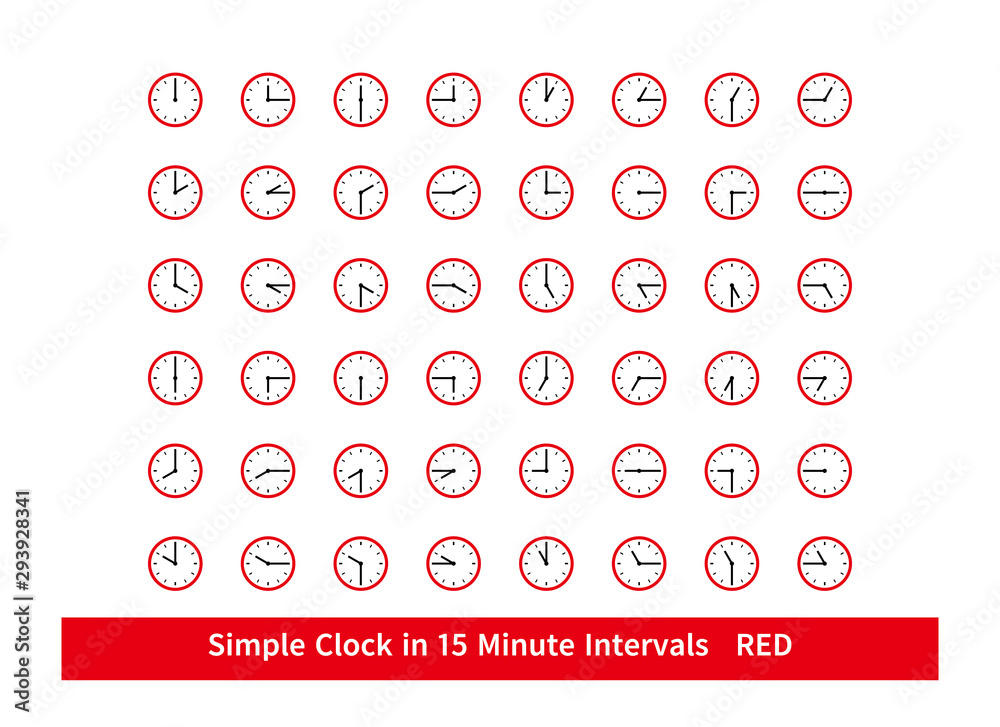 時計のアイコンセット 細かい 文字盤 15分刻み Simple Clock In 15 Minute Intervals 赤 Stock Vector Adobe Stock