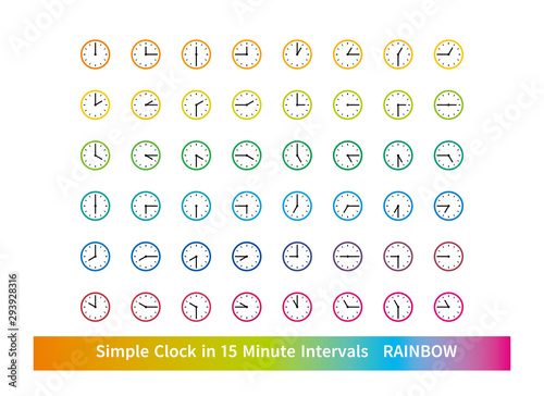 時計のアイコンセット 細かい 文字盤  15分刻み Simple Clock in 15 Minute Intervals レインボー
