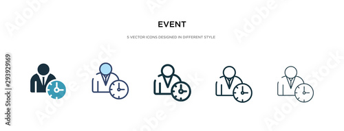event icon in different style vector illustration. two colored and black event vector icons designed in filled, outline, line and stroke style can be used for web, mobile, ui