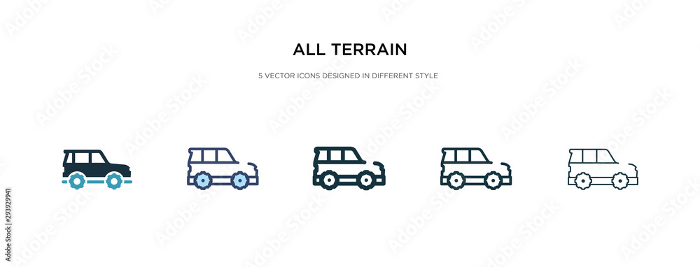 all terrain icon in different style vector illustration. two colored and black all terrain vector icons designed in filled, outline, line and stroke style can be used for web, mobile, ui