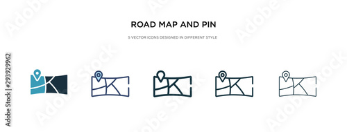 road map and pin icon in different style vector illustration. two colored and black road map and pin vector icons designed in filled, outline, line stroke style can be used for web, mobile, ui