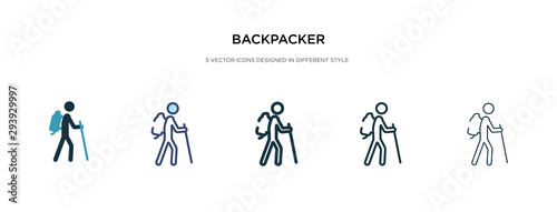 backpacker icon in different style vector illustration. two colored and black backpacker vector icons designed in filled, outline, line and stroke style can be used for web, mobile, ui
