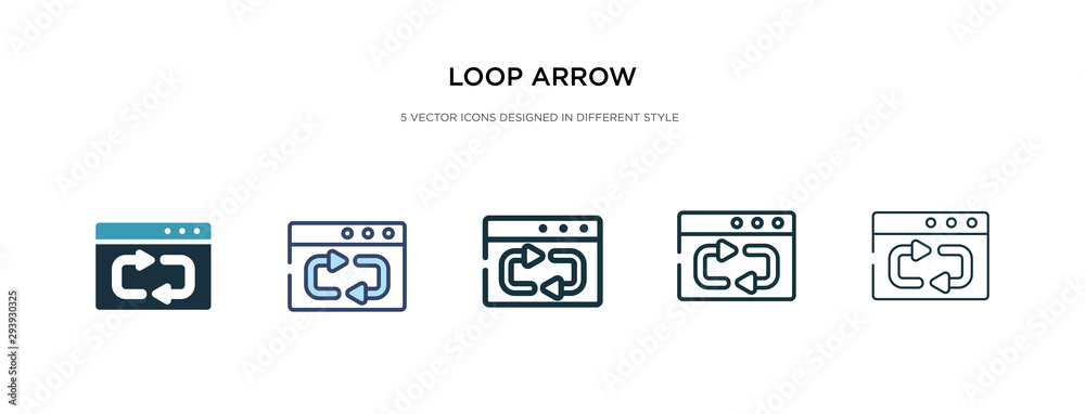 loop arrow icon in different style vector illustration. two colored and black loop arrow vector icons designed in filled, outline, line and stroke style can be used for web, mobile, ui