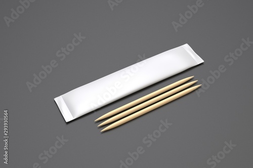 Tooth pick with sachet packaging for branding. 3d render illustration.