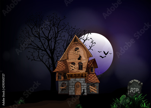Halloween background with haunted house, bats and graveyard vector illustration. Copy space for text.