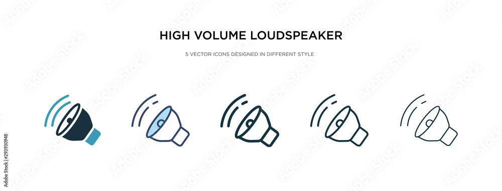 high volume loudspeaker icon in different style vector illustration. two colored and black high volume loudspeaker vector icons designed in filled, outline, line and stroke style can be used for